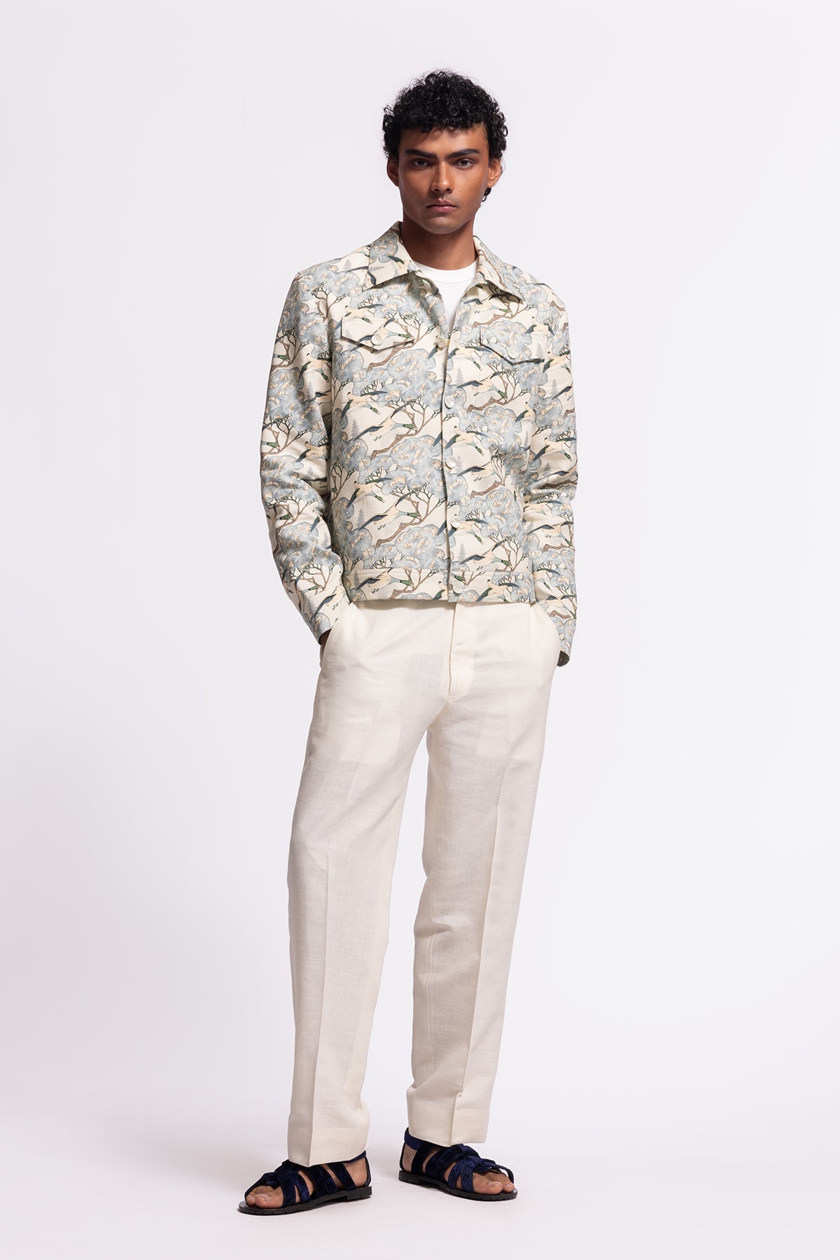 Men's Ivory Printed Linen Jacket with Pockets