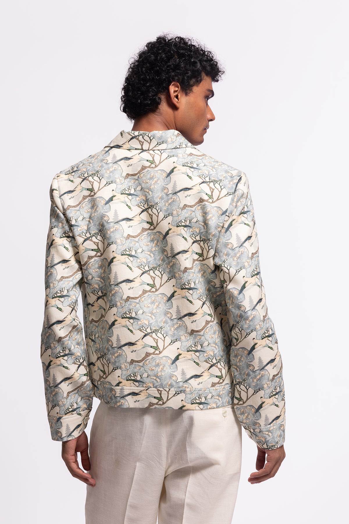 Men's Ivory Printed Linen Jacket with Pockets