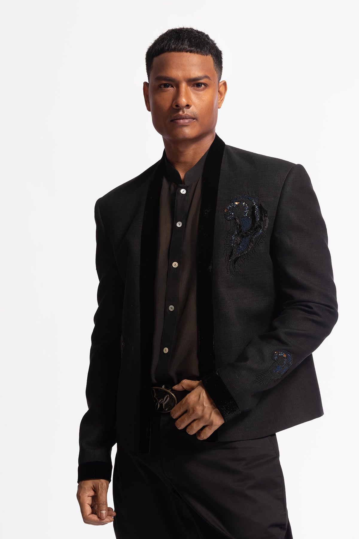 Men's Black Matka Silk Embroidered Jacket with Horse Motif