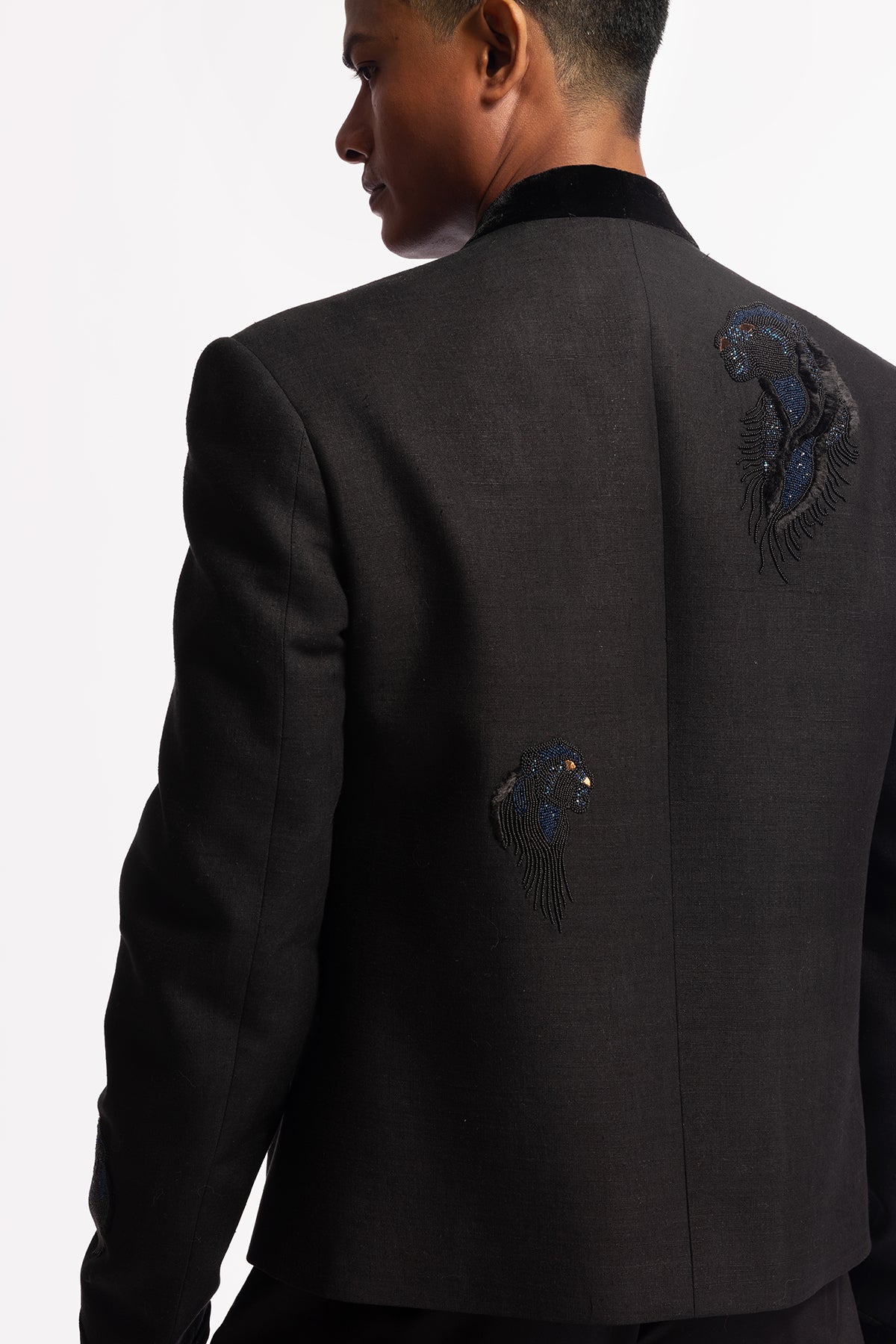 Men's Black Matka Silk Embroidered Jacket with Horse Motif