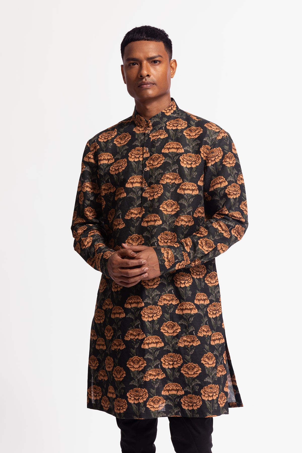 Men's Chanderi Short Kurta with Floral Print