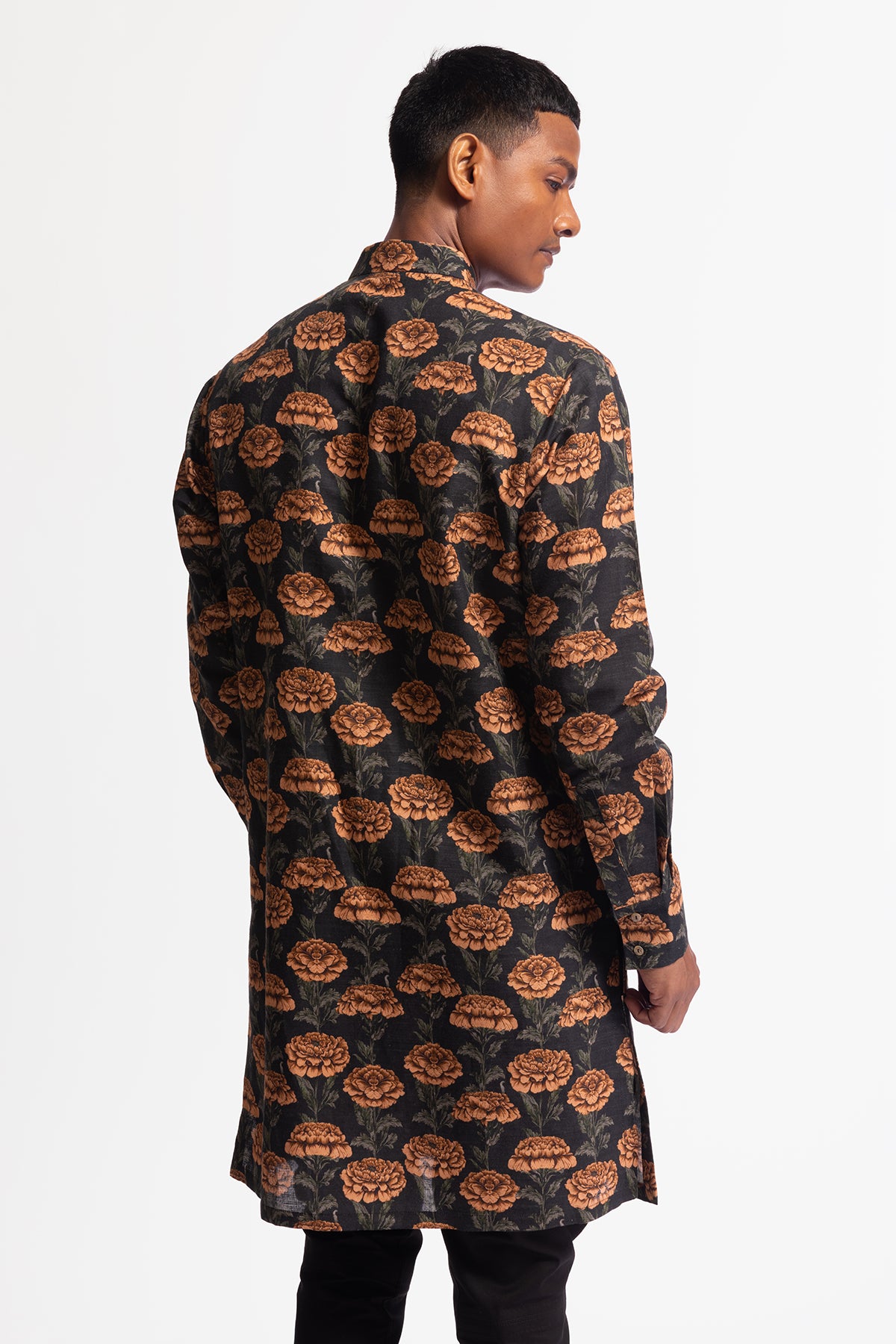Men's Chanderi Short Kurta with Floral Print