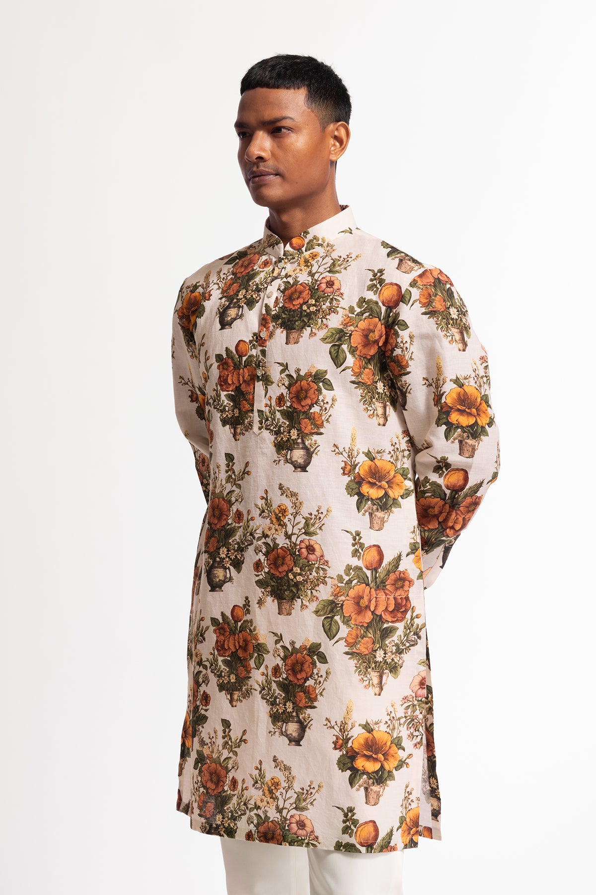 Men's Printed Dupion Silk Short Kurta