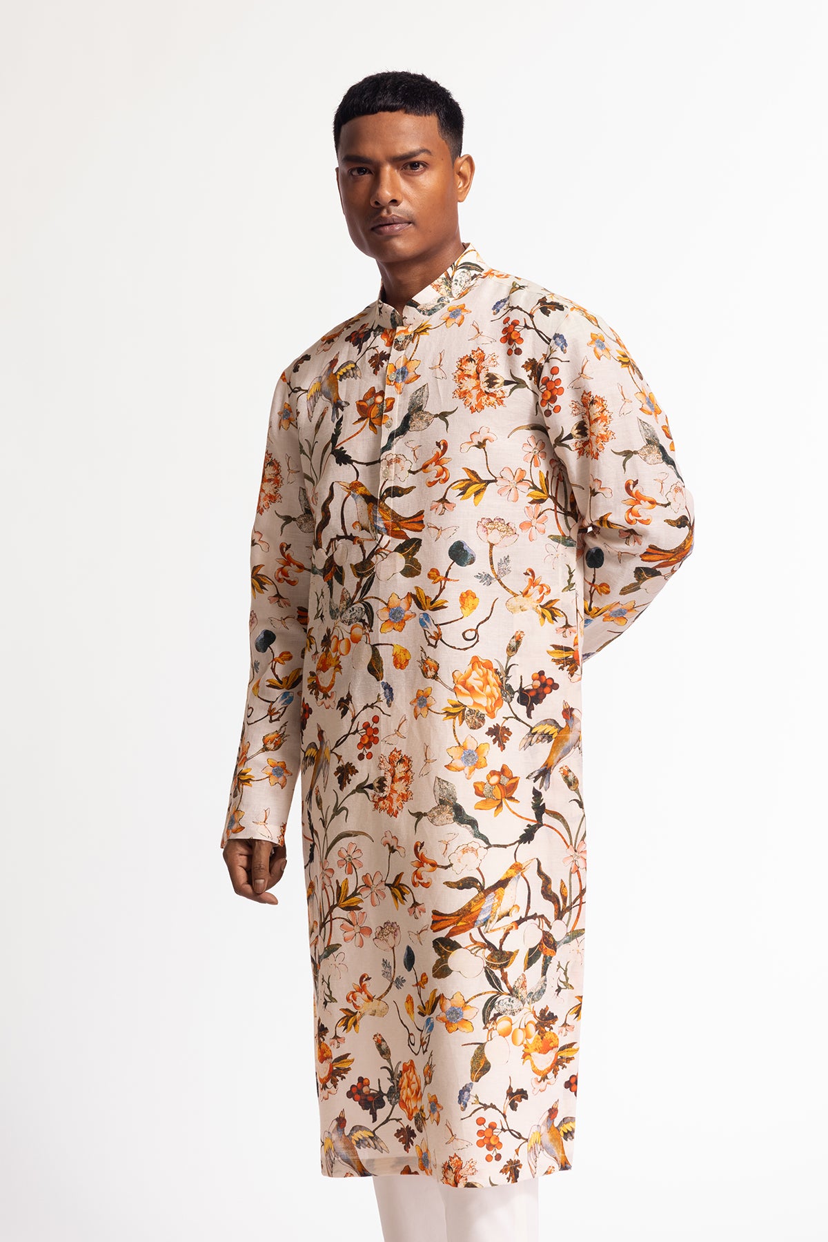 Men's Printed Dupion Silk Short Kurta