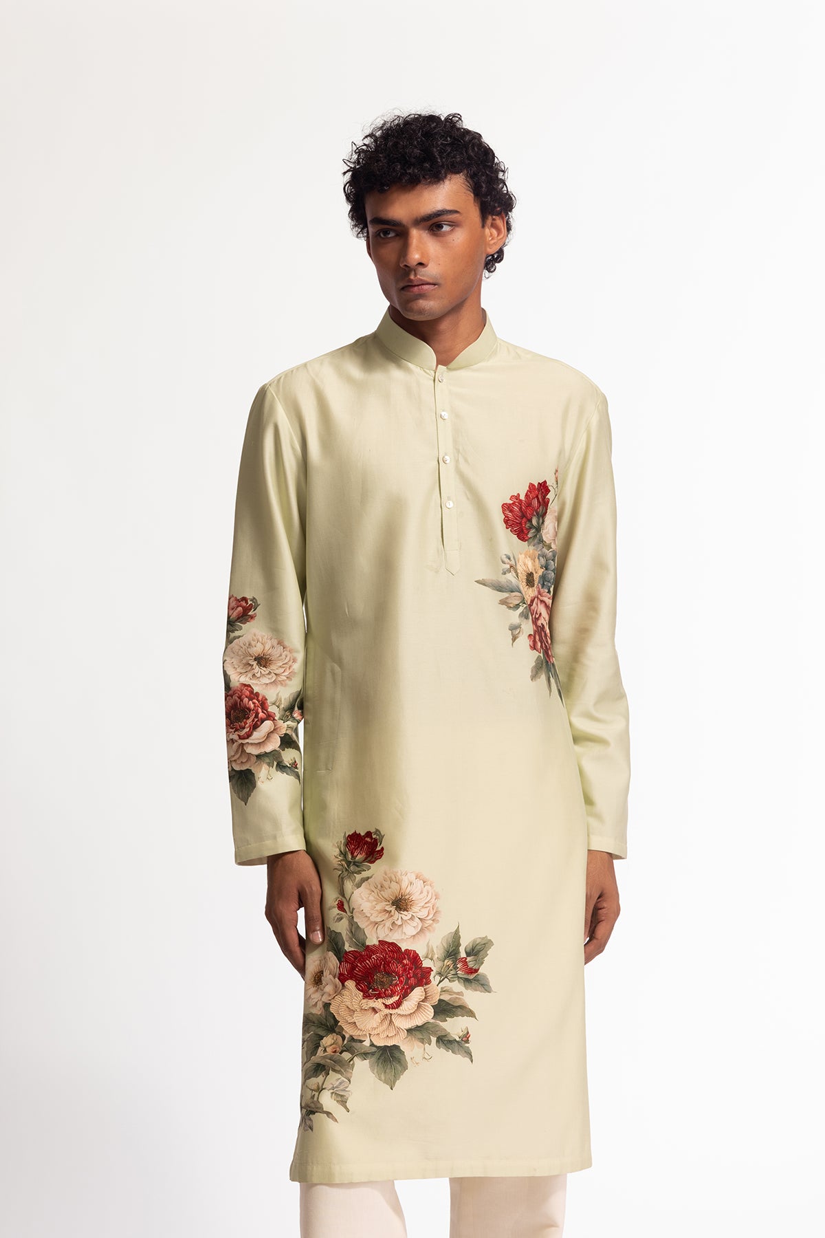 Men's Floral Printed Chanderi Kurta