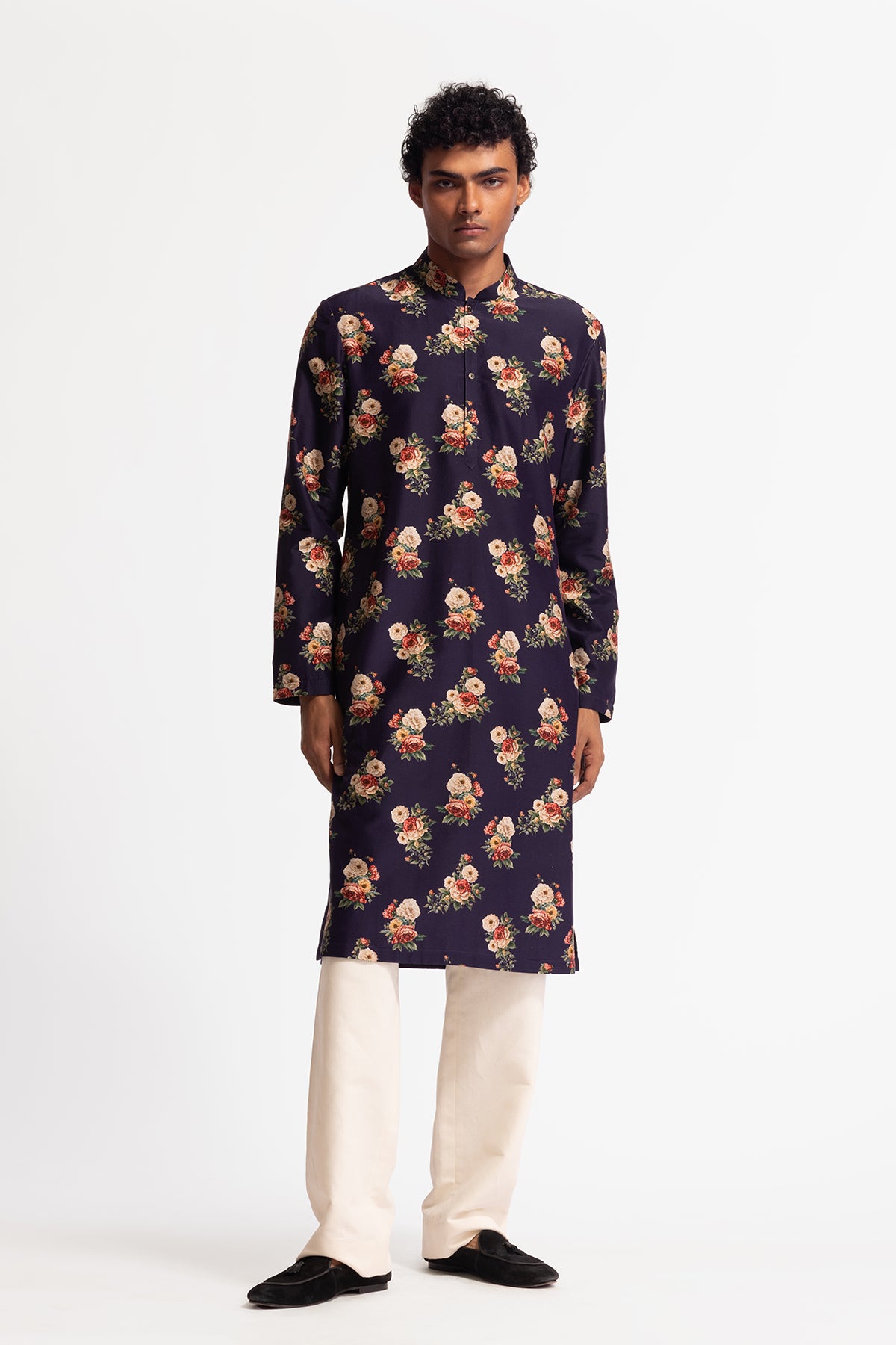 Men's Indigo Chanderi Kurta Set with Digital Print