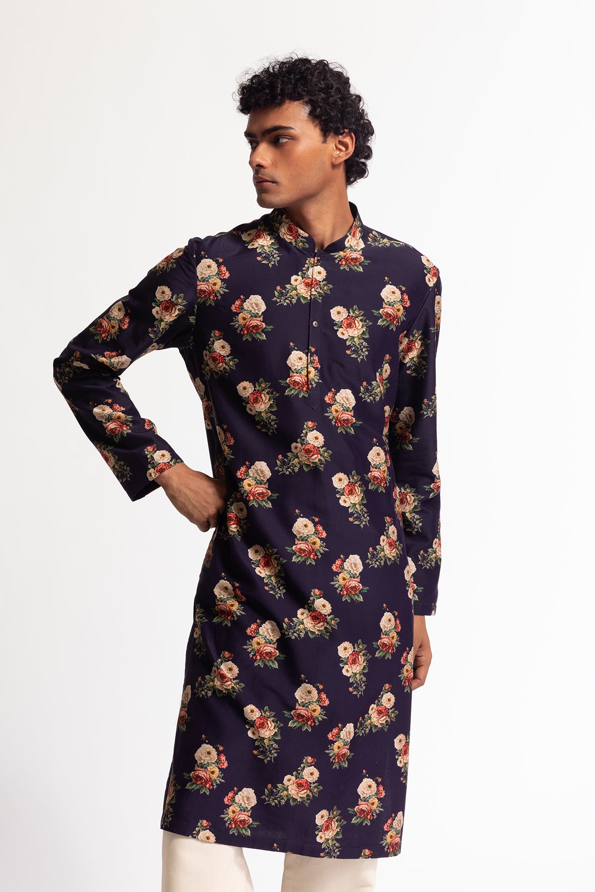 Men's Indigo Chanderi Kurta Set with Digital Print