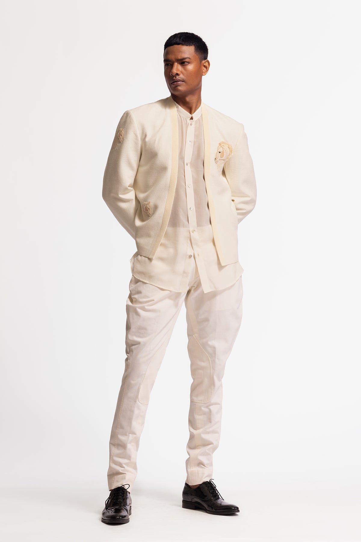 Men's Ivory Matka Silk Embroidered Jacket with Horse Motif