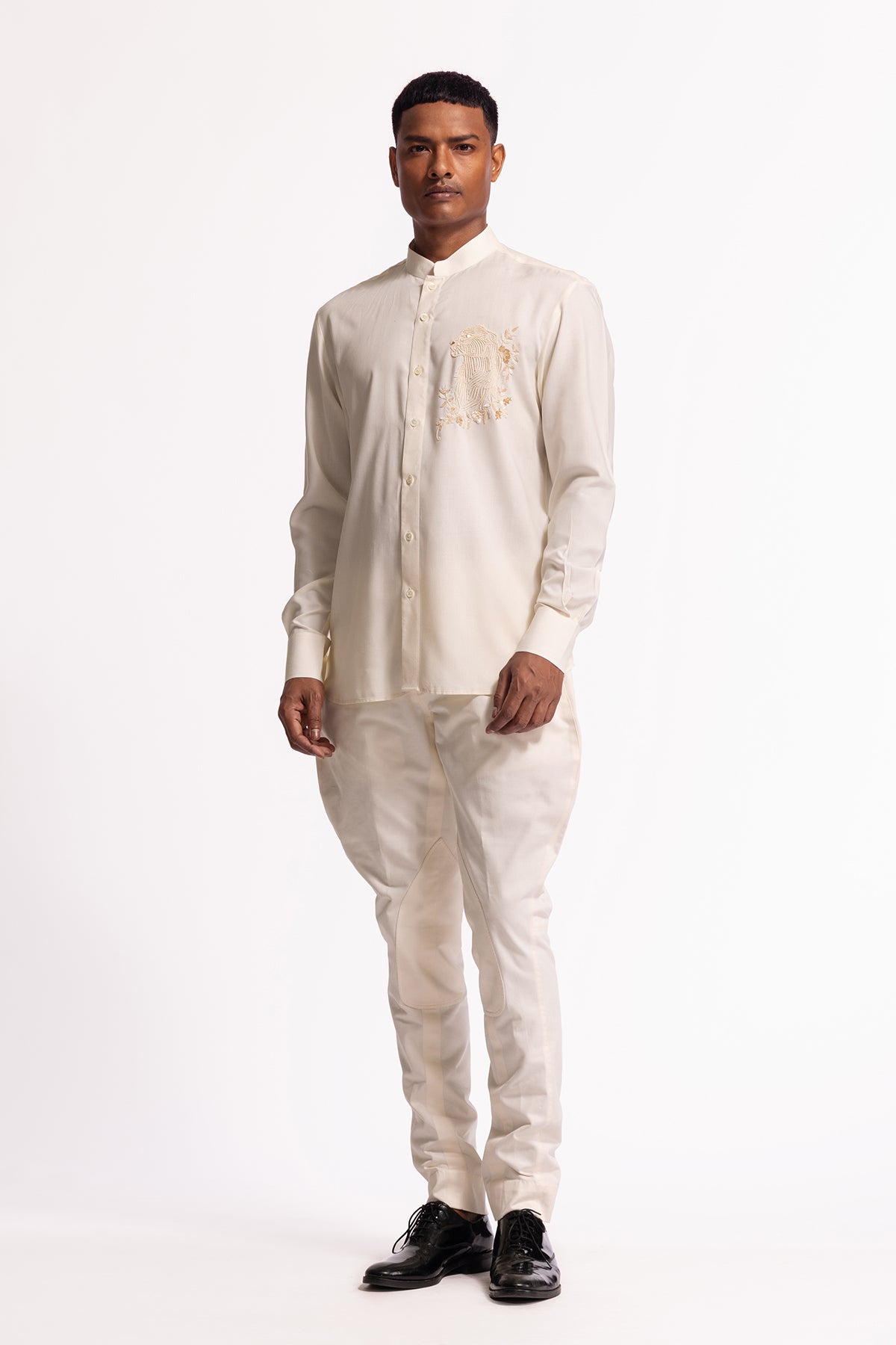 Men's Ivory Poplin Shirt with Bird Motif and Intricate Embroidery