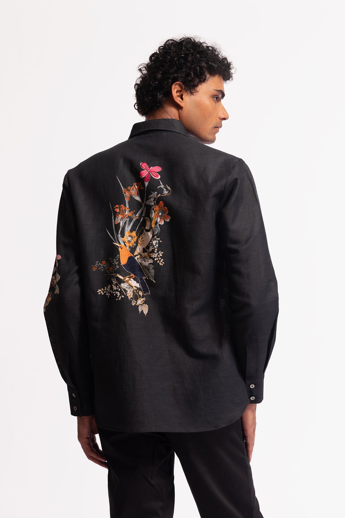 Men's Black Poplin Shirt with Floral & Bird Motif Embroidery