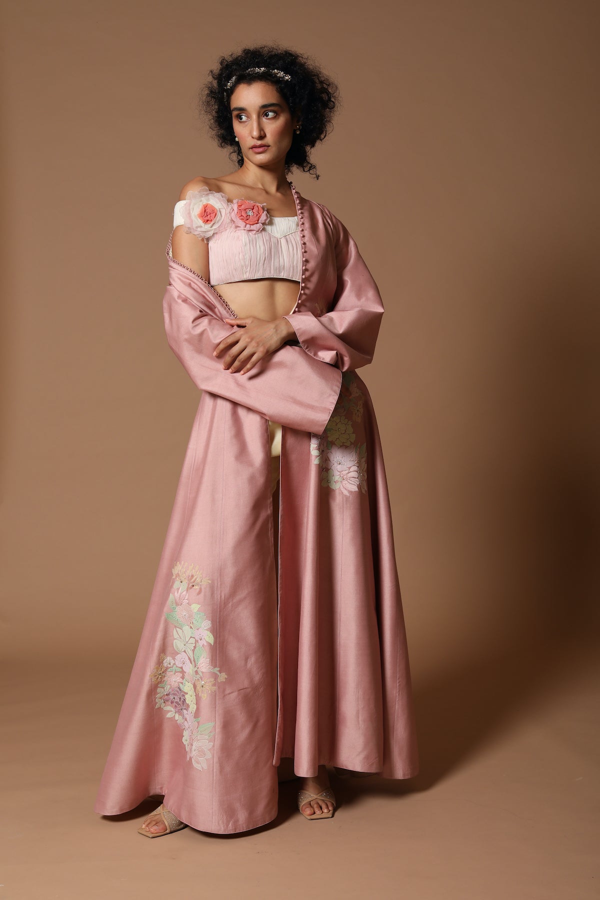 Rose Pink Floral Embroidered Jacket Set