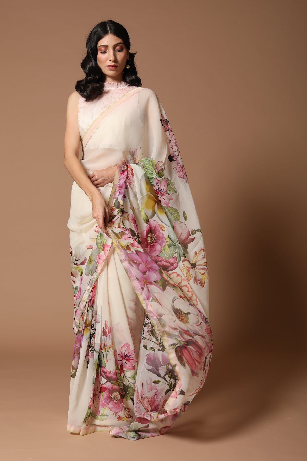 Ivory Chiffon Floral Printed Saree Set