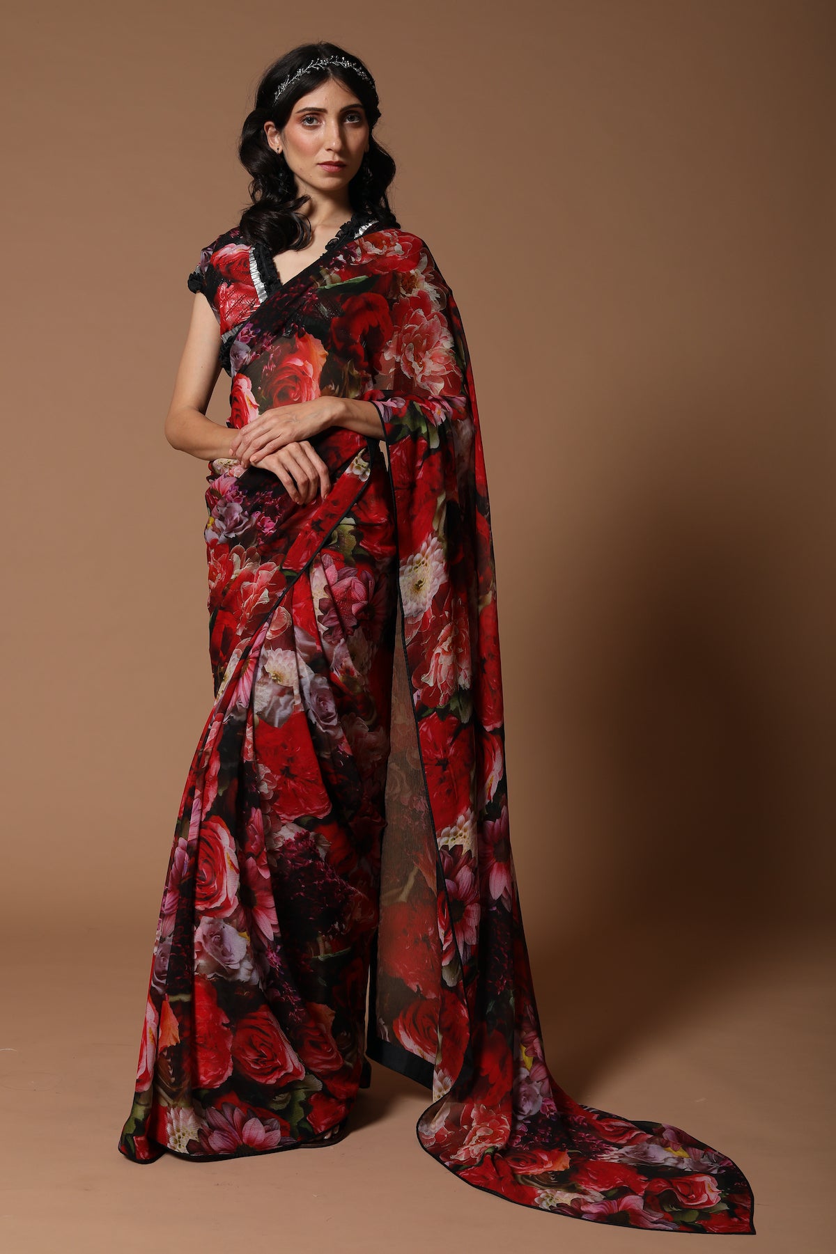 Rose Red Chiffon Floral Printed Saree Set