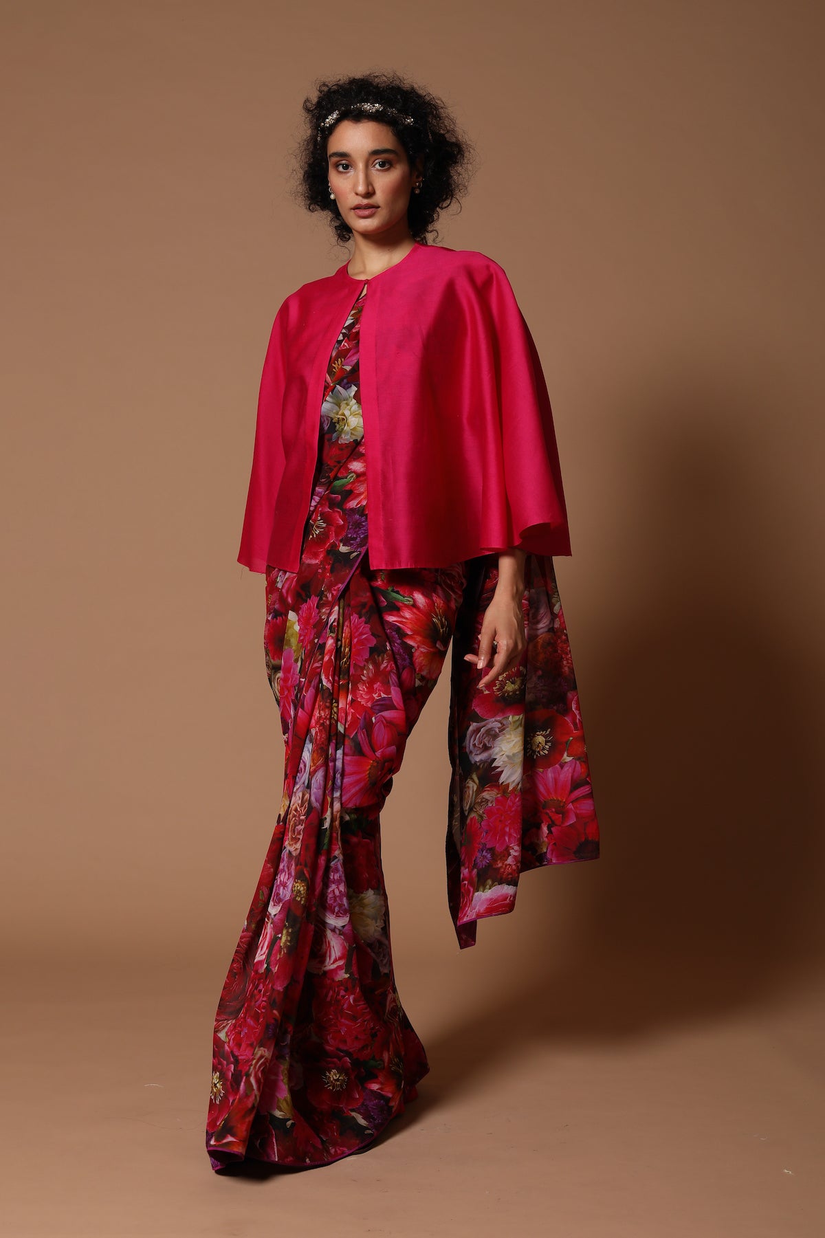 Rose Red Chiffon Floral Printed Jacket Saree Set