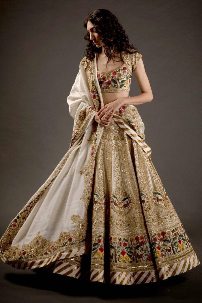 Ivory Chanderi Lehenga Set With Floral Embroidery