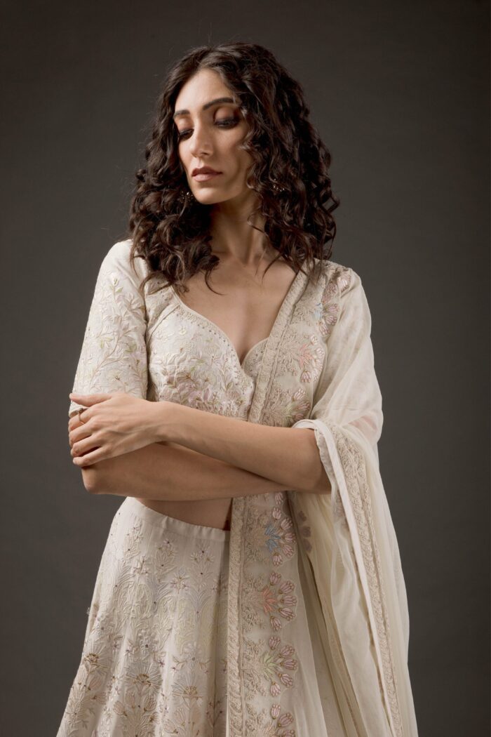 Ivory Chanderi Lehenga Set With Floral Embroidery