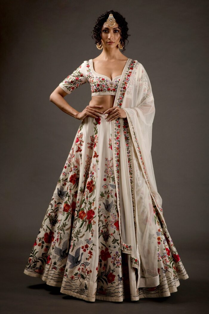 Ivory Chanderi Lehenga Set With Floral Embroidery