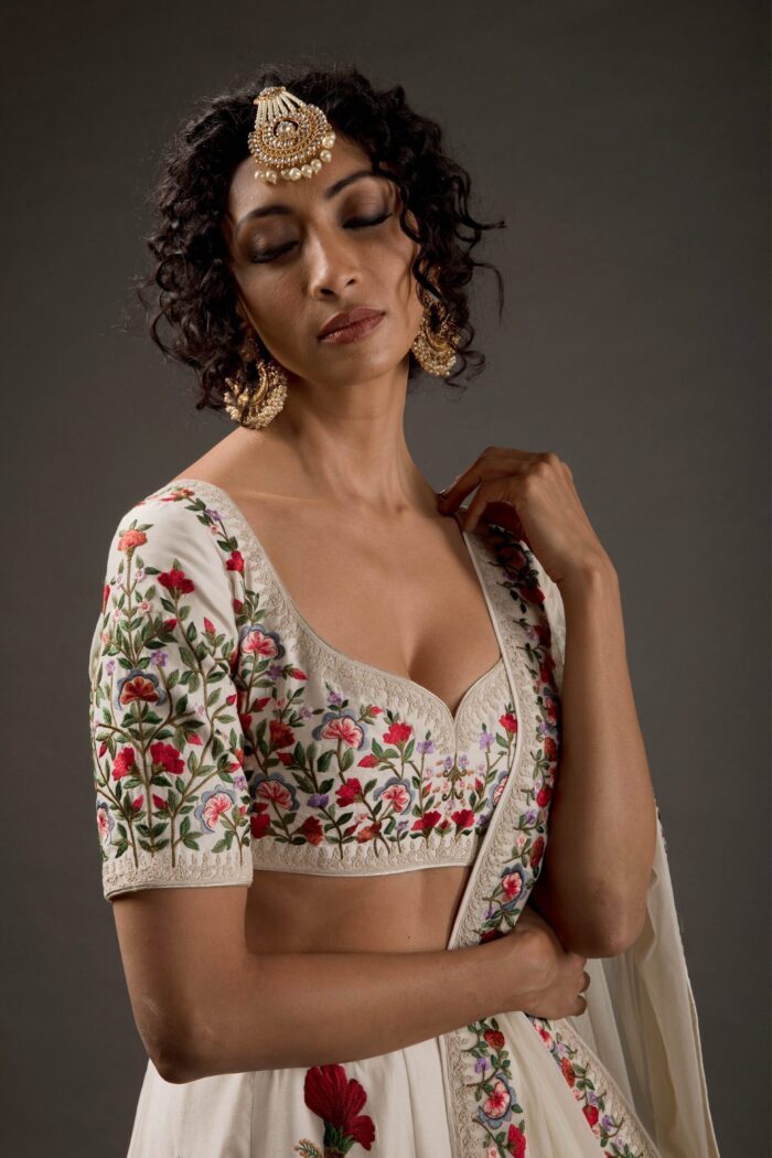 Ivory Chanderi Lehenga Set With Floral Embroidery