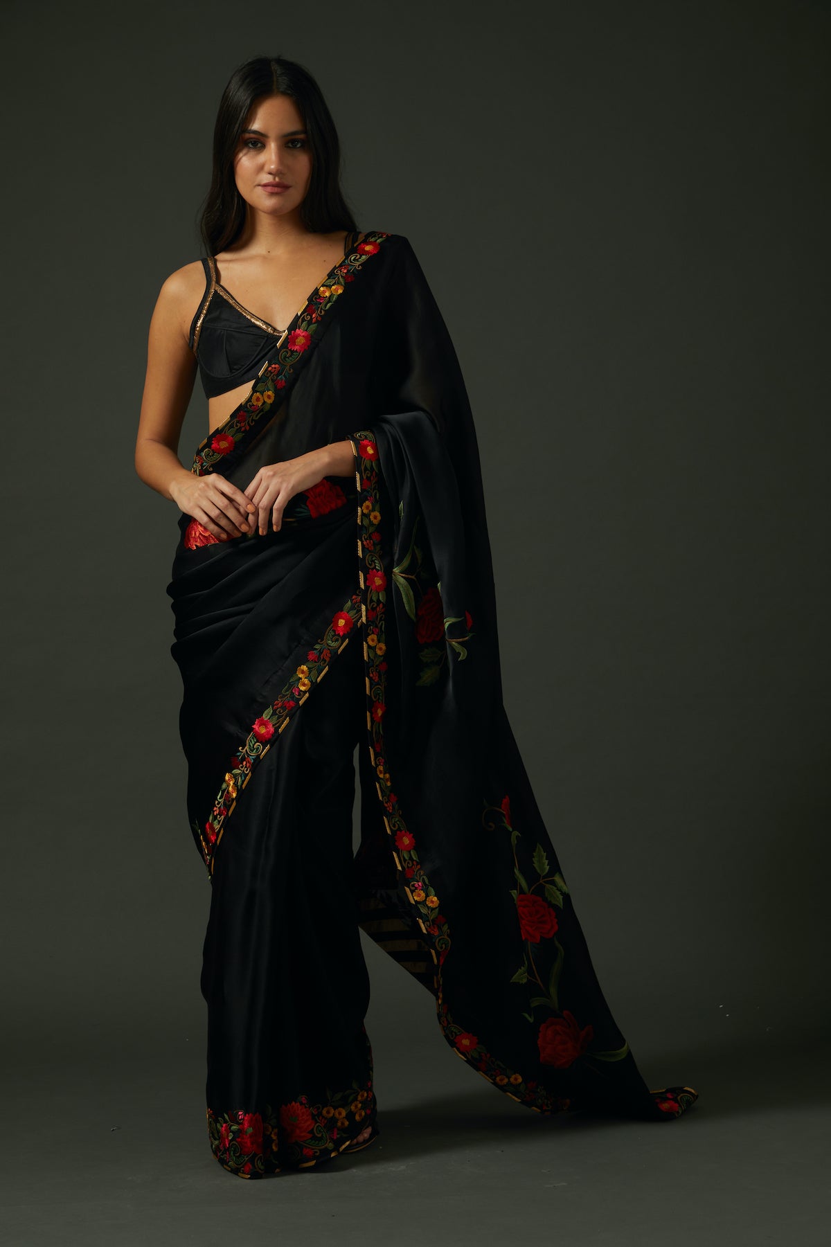 Black Organza Embroidered Saree Set