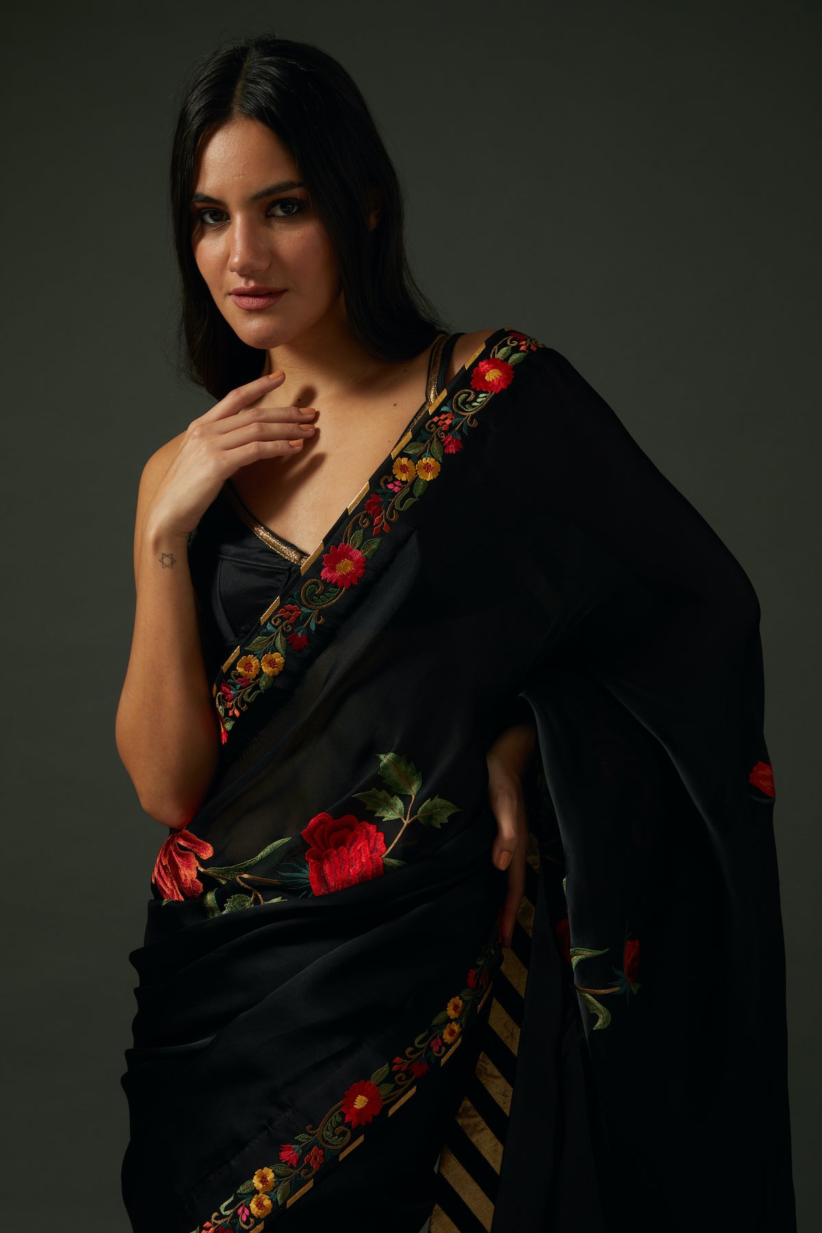 Black Organza Embroidered Saree Set