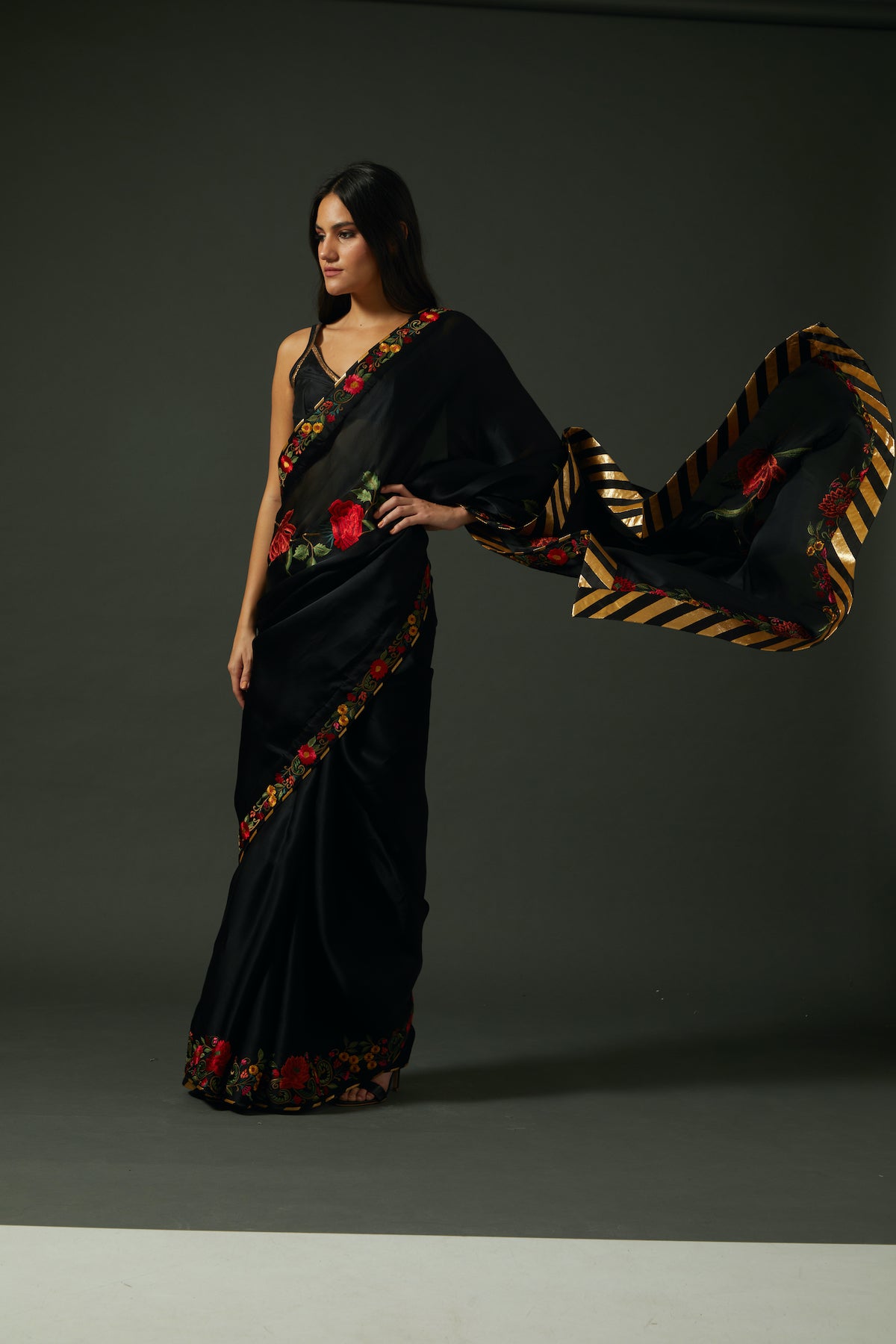 Black Organza Embroidered Saree Set