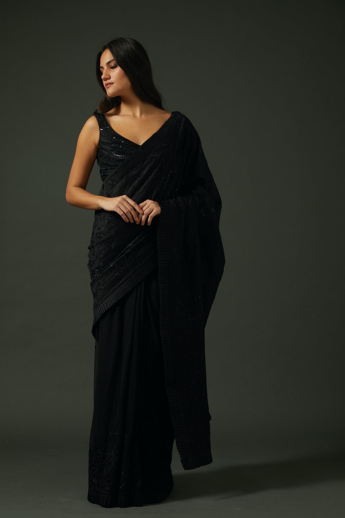 Black Chanderi Embroidered Saree Set