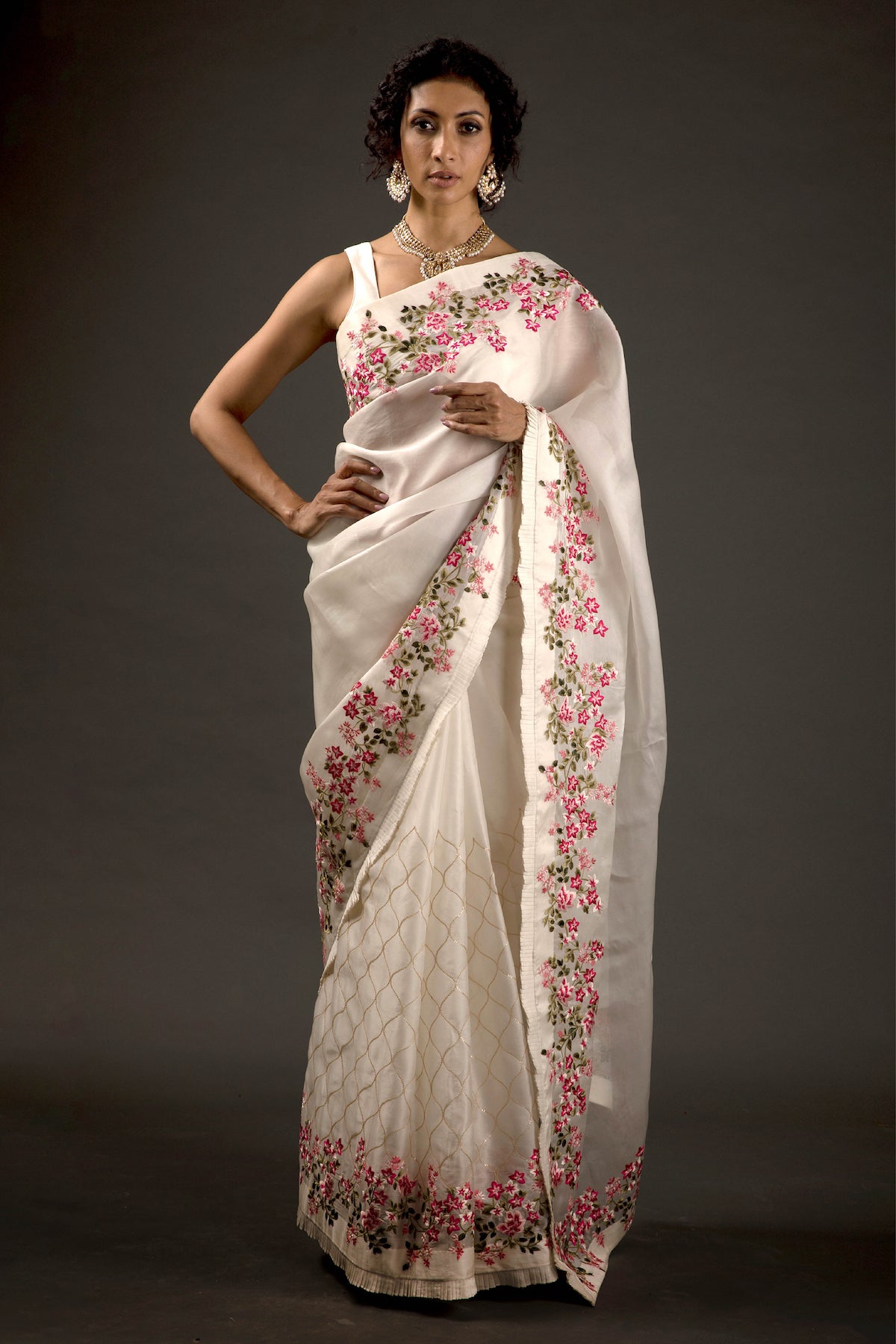 Ivory Organza Embroidered Saree Set