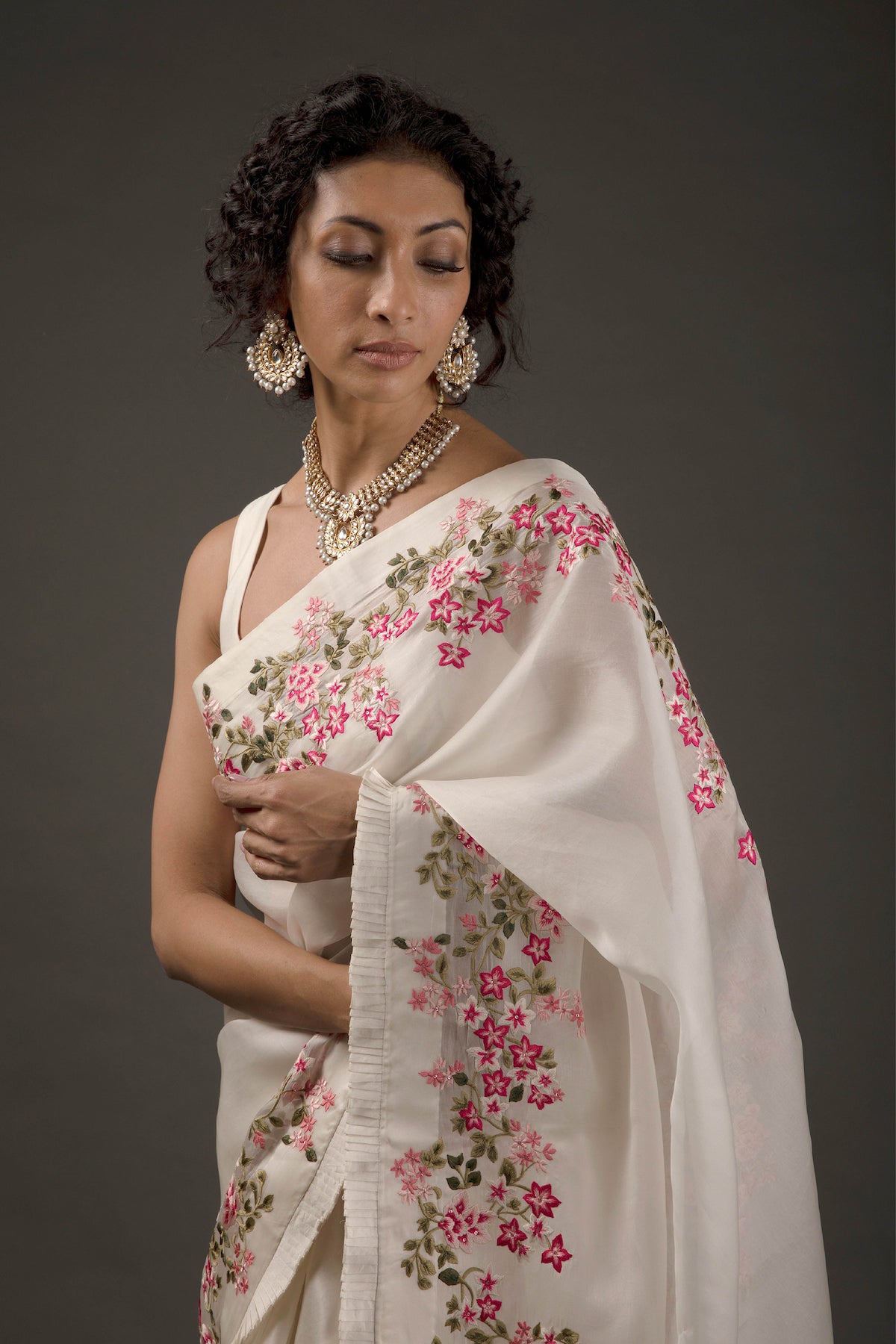 Ivory Organza Embroidered Saree Set