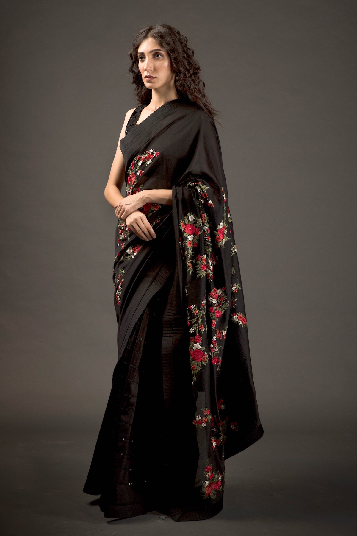 Black Chanderi Silk Embroidered Saree Set