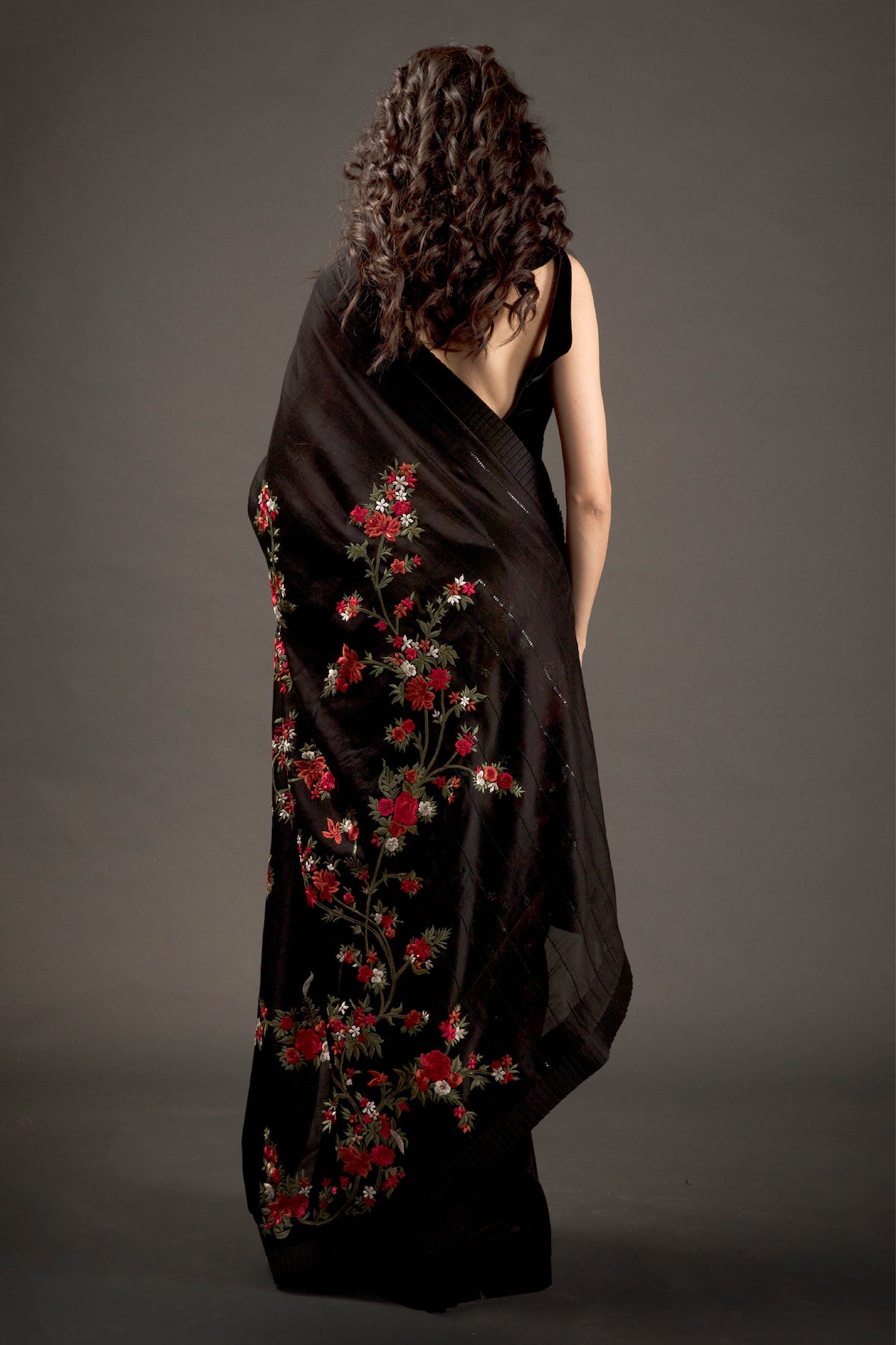 Black Chanderi Silk Embroidered Saree Set