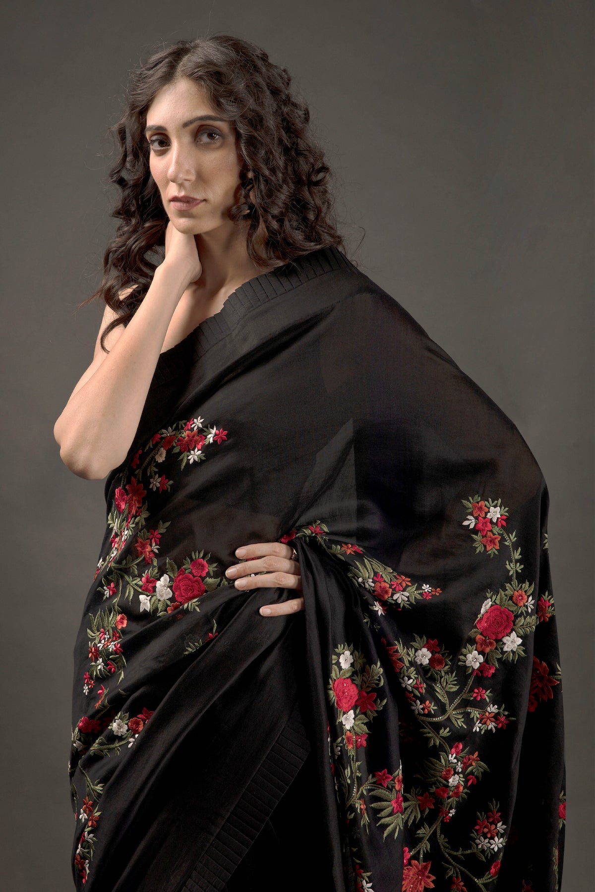 Black Chanderi Silk Embroidered Saree Set