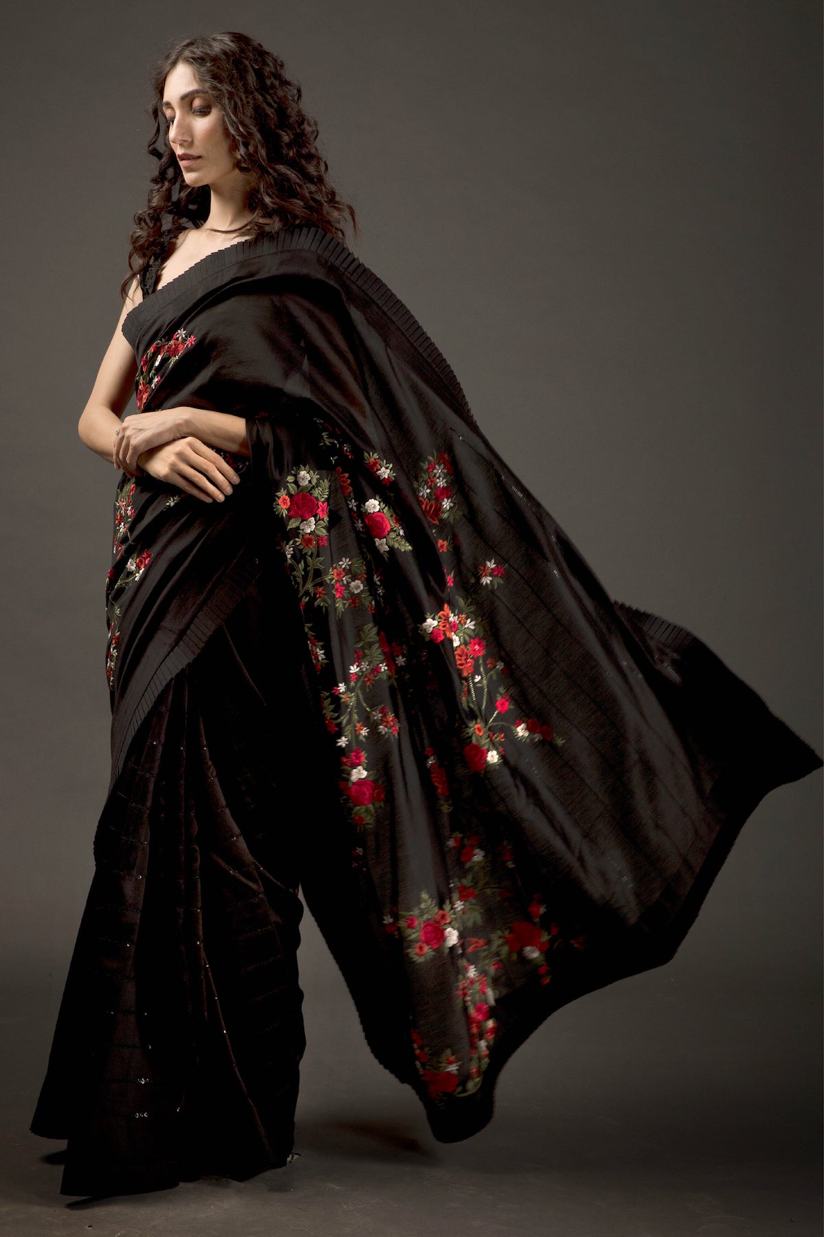 Black Chanderi Silk Embroidered Saree Set