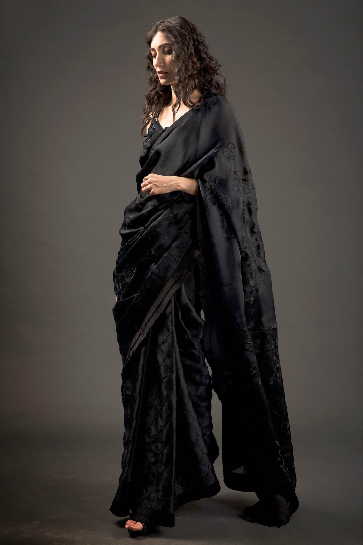 Black Organza Embroidered Saree Set