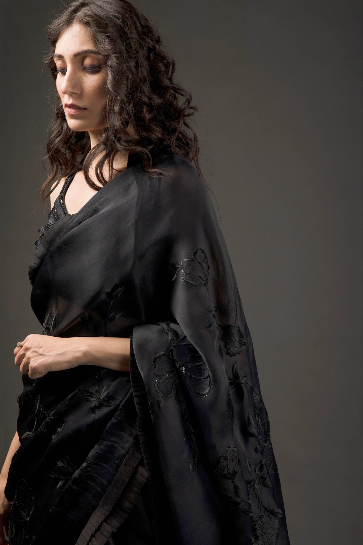 Black Organza Embroidered Saree Set