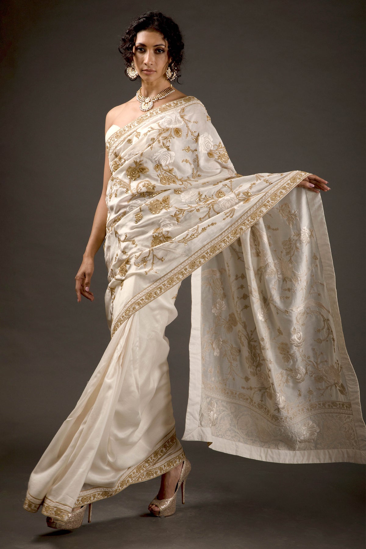 Ivory Chanderi Embroidered Saree Set