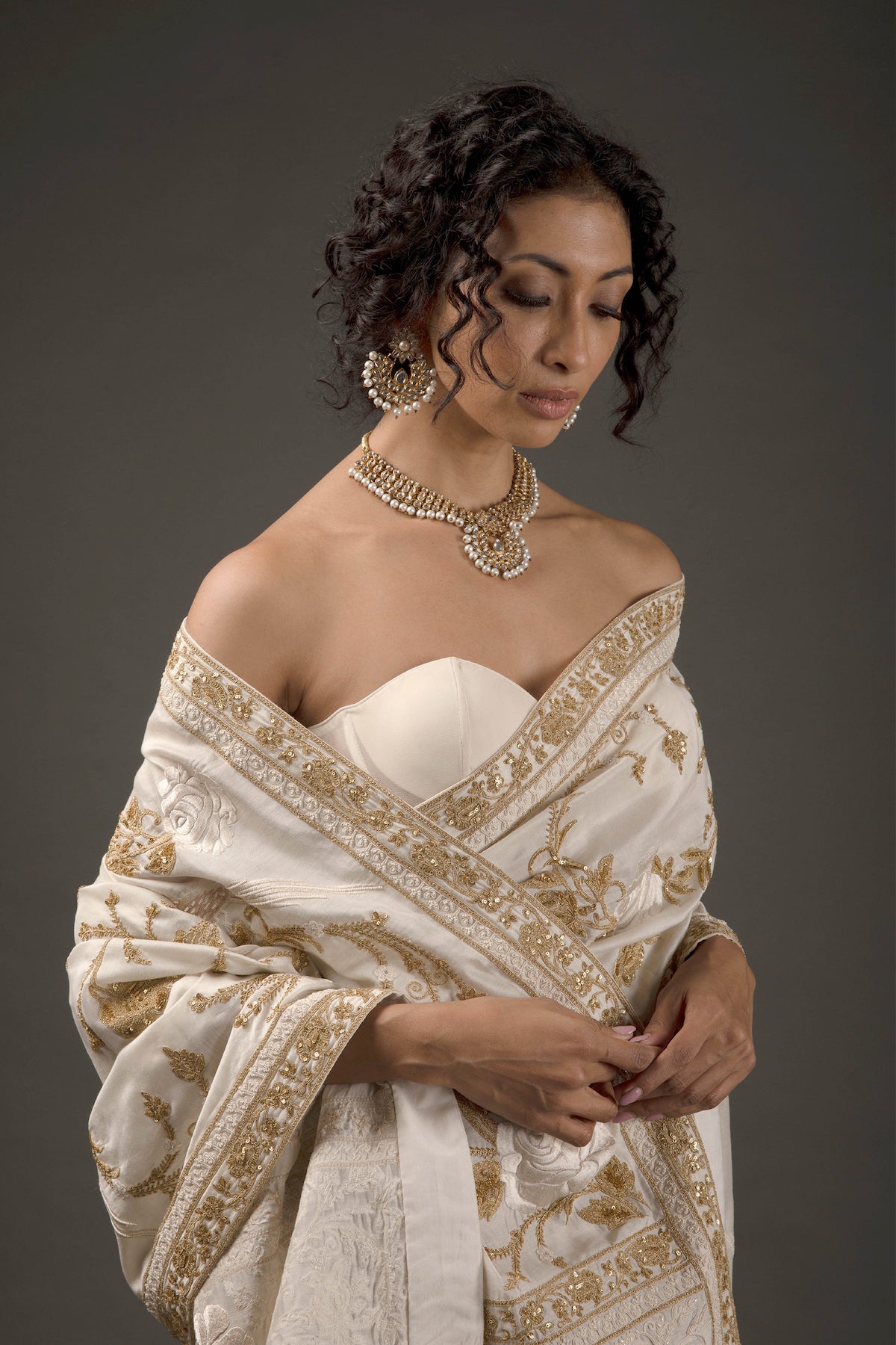 Ivory Chanderi Embroidered Saree Set