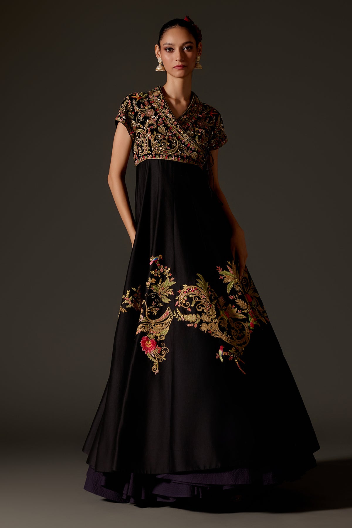 Black Embroidered Chanderi Anarkali Set