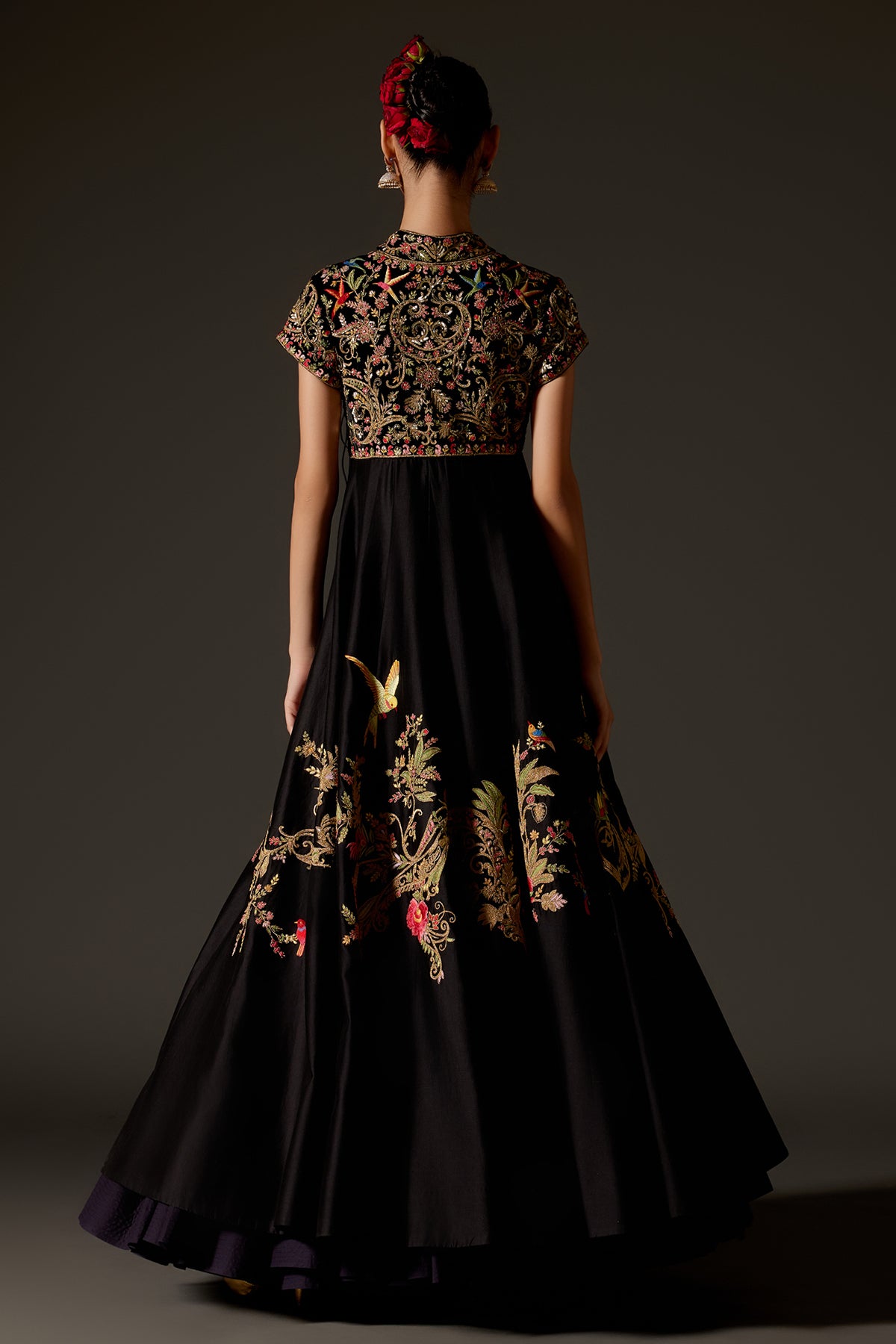 Black Embroidered Chanderi Anarkali Set