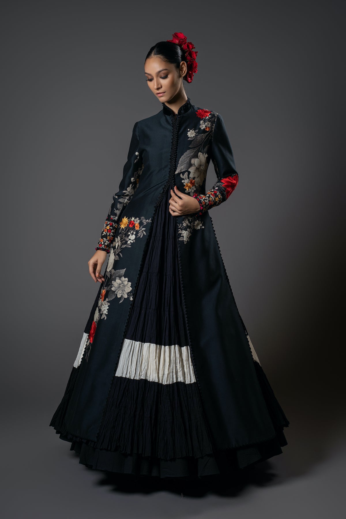 Black Chanderi Silk Floral Printed & Placement Embroidered Front-Open Jacket