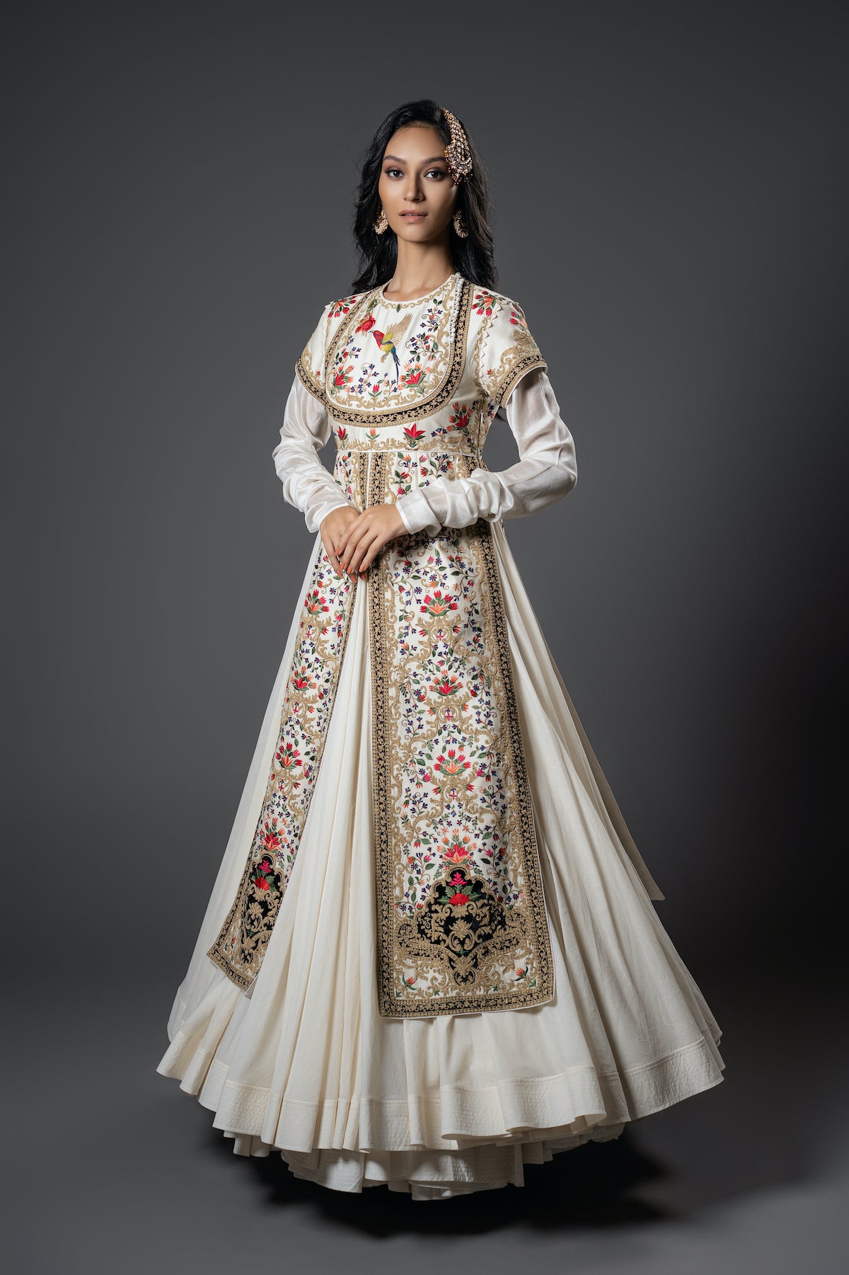 Ivory Chanderi Silk Floral Embroidered Anarkali Set