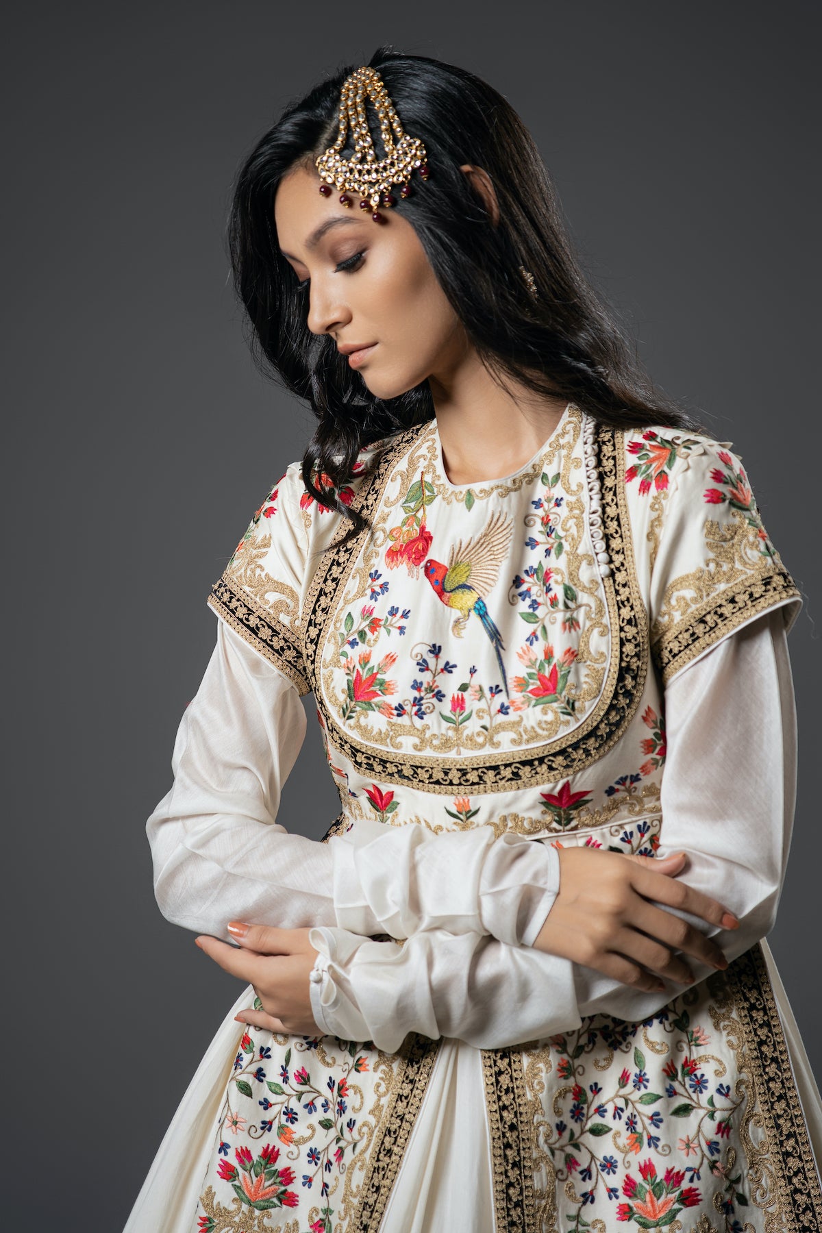 Ivory Chanderi Silk Floral Embroidered Anarkali Set