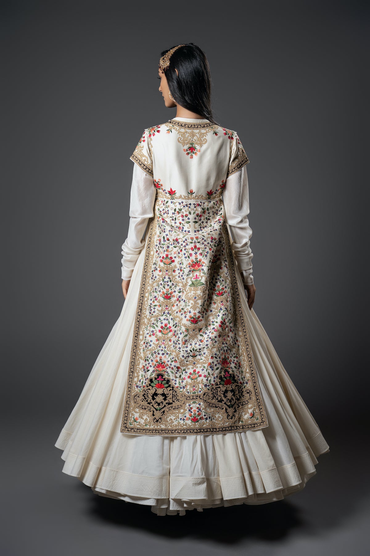 Ivory Chanderi Silk Floral Embroidered Anarkali Set