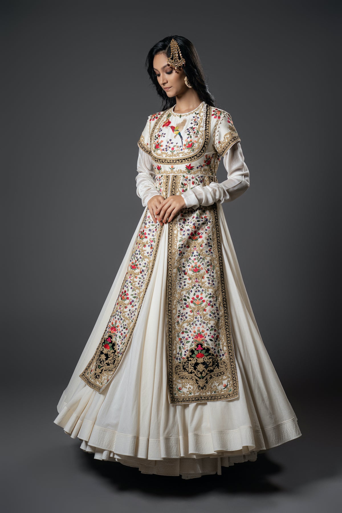 Ivory Chanderi Silk Floral Embroidered Anarkali Set