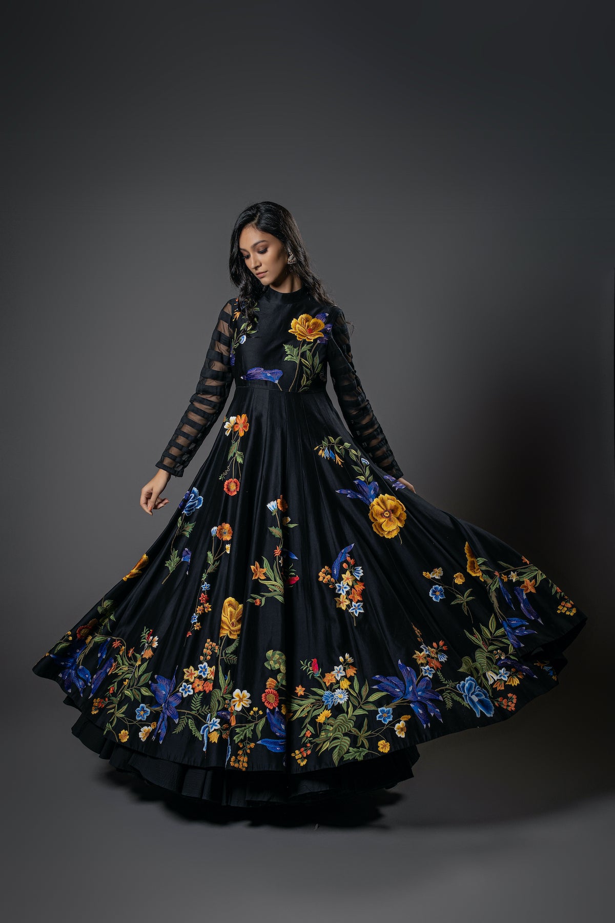 Black Chanderi Silk Digital Printed & Floral Embroidered Anarkali Set