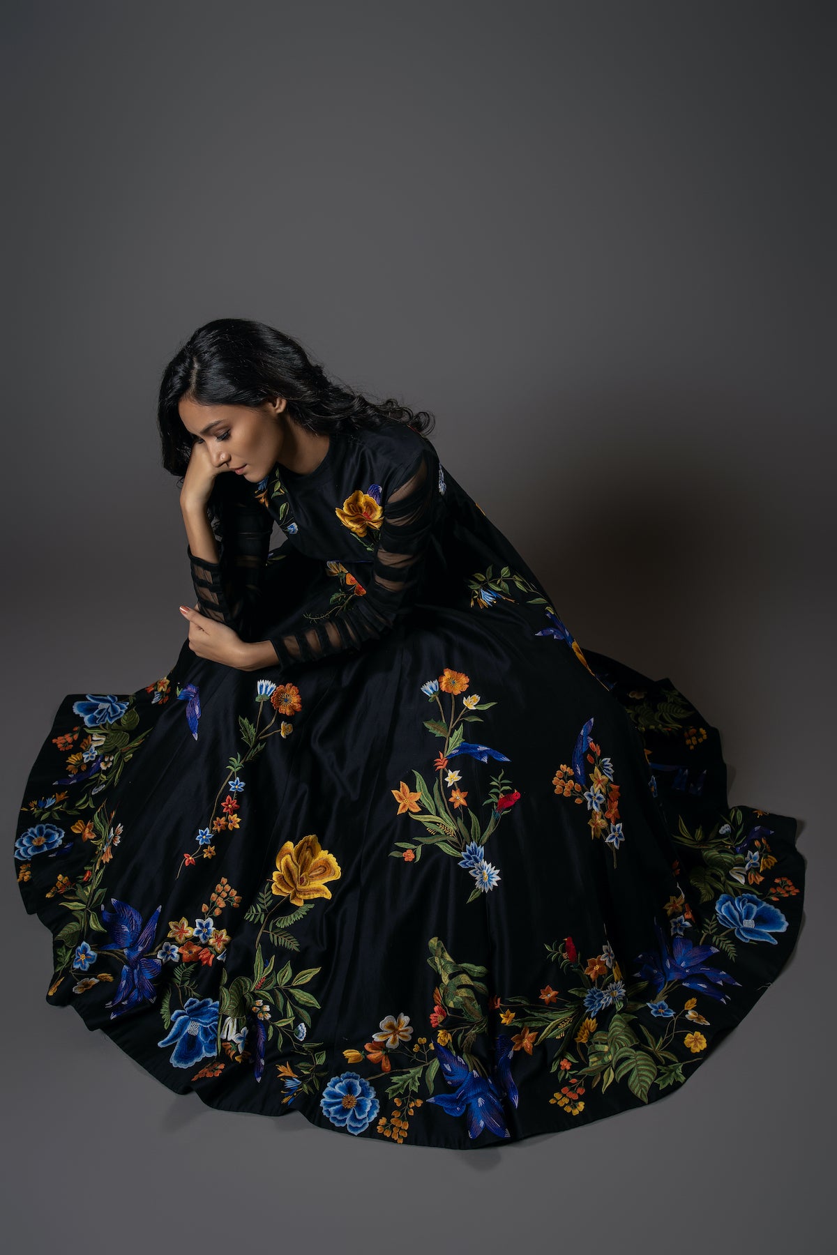 Black Chanderi Silk Digital Printed & Floral Embroidered Anarkali Set