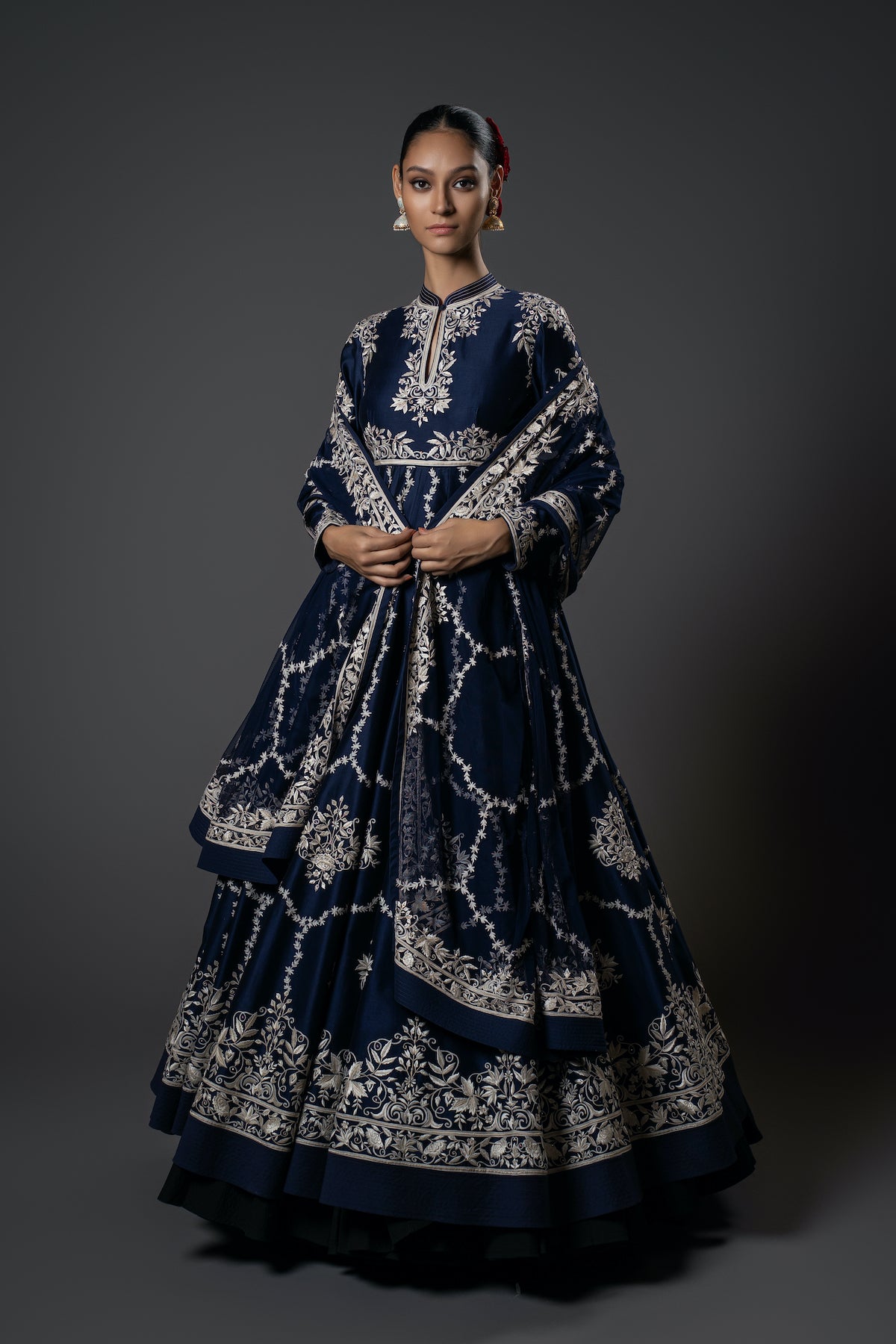 Indigo Chanderi Silk Resham Embroidered Anarkali Set