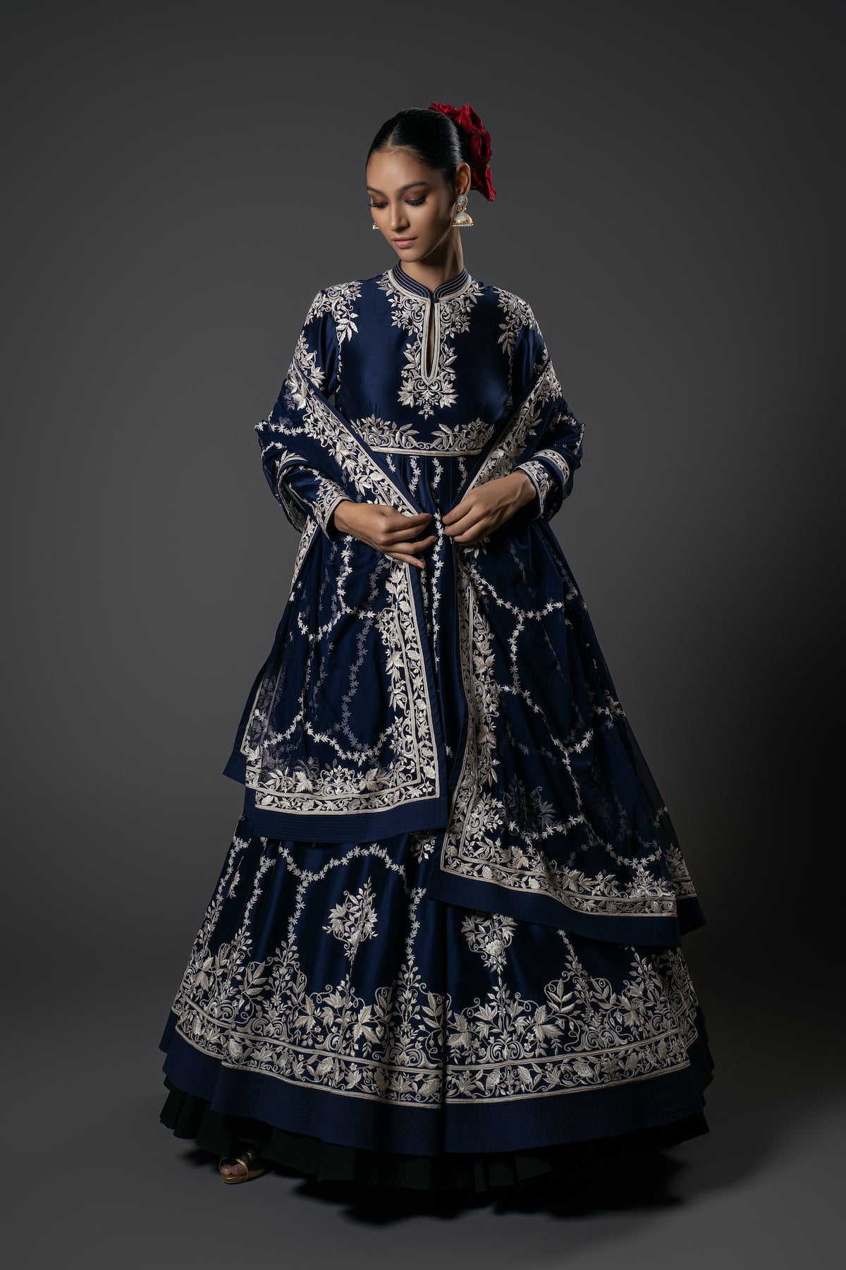 Indigo Chanderi Silk Resham Embroidered Anarkali Set