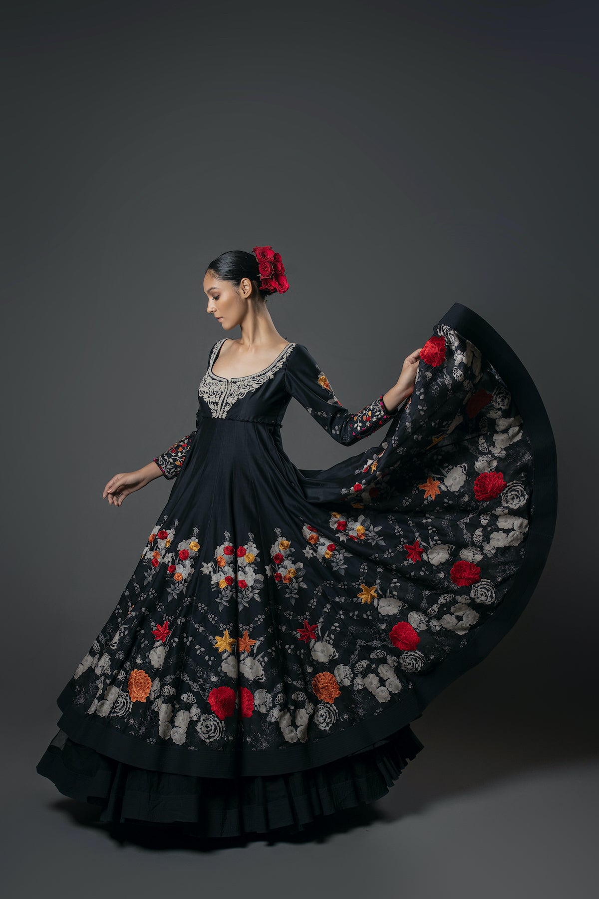 Black Chanderi Silk Floral Digital Printed & Resham Embroidered Anarkali Set