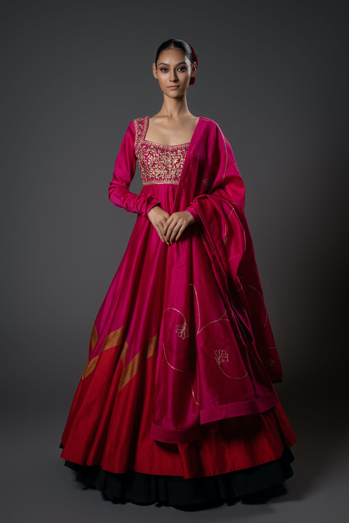 Fuchsia Red Chanderi Silk Floral Embroidered Anarkali Set