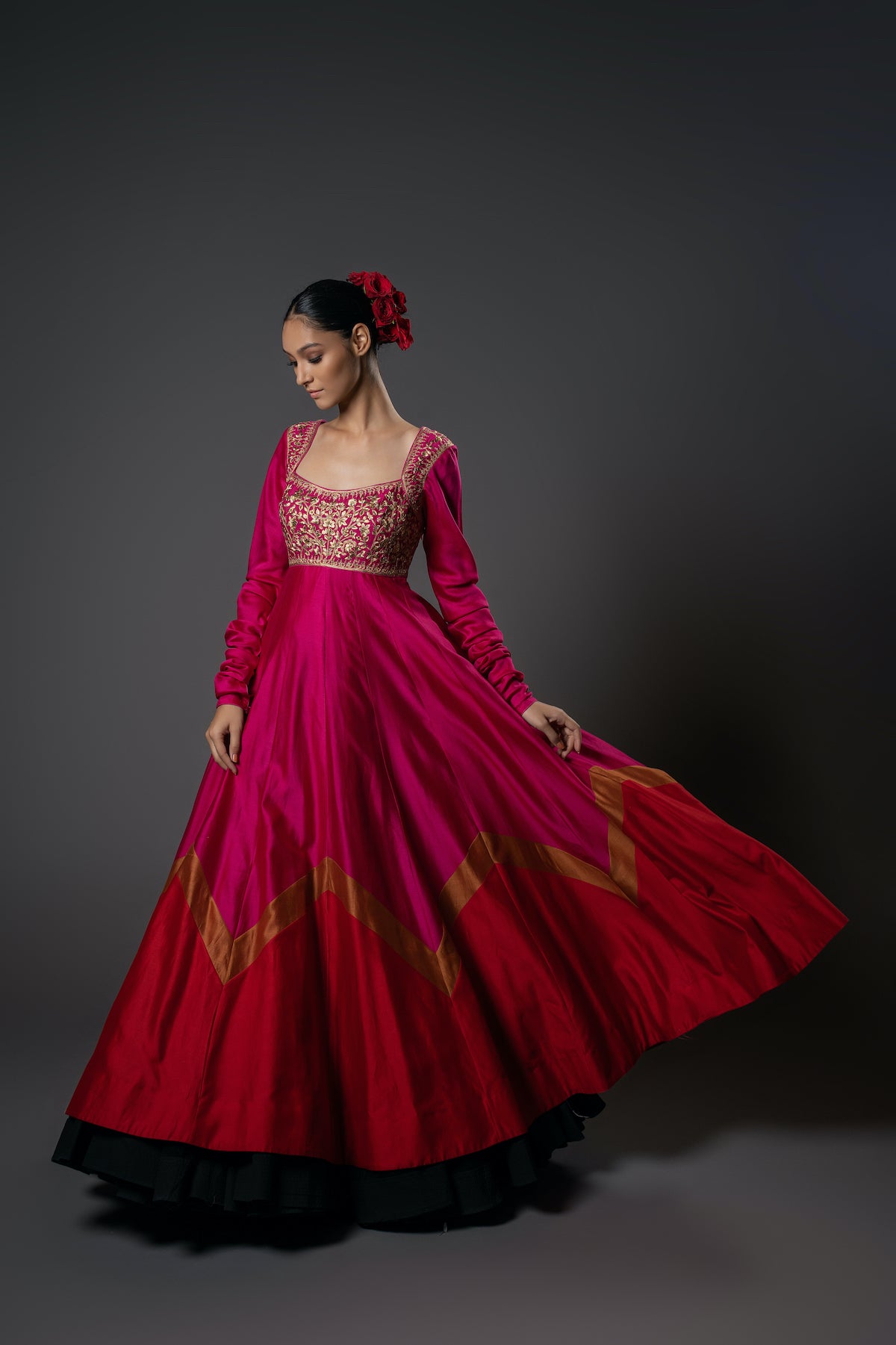 Fuchsia Red Chanderi Silk Floral Embroidered Anarkali Set